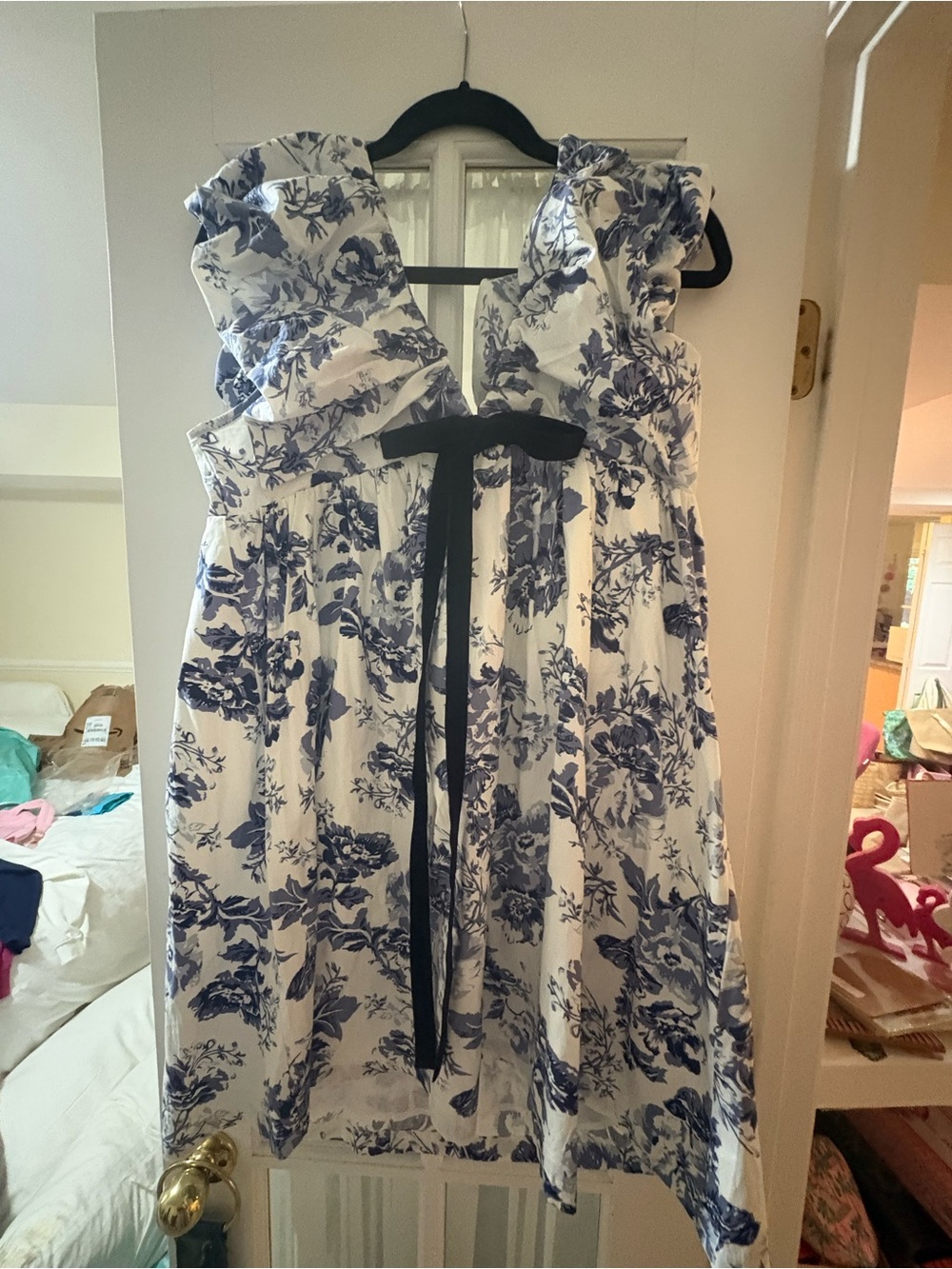 White Mini Dress with Blue Floral Print and Black Tie